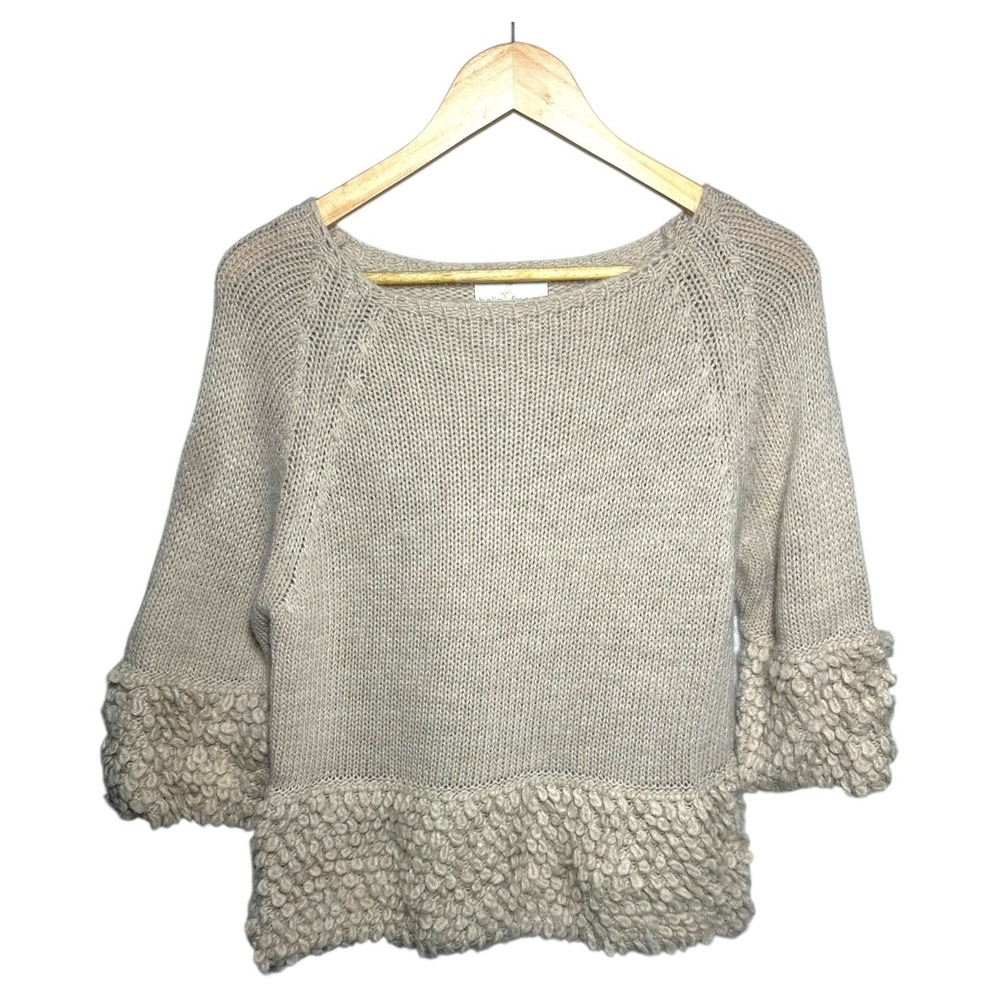 Belle France Womens Beige Knit Sweater 3/4 Sleeve Textured Trim Made in Italy M‎